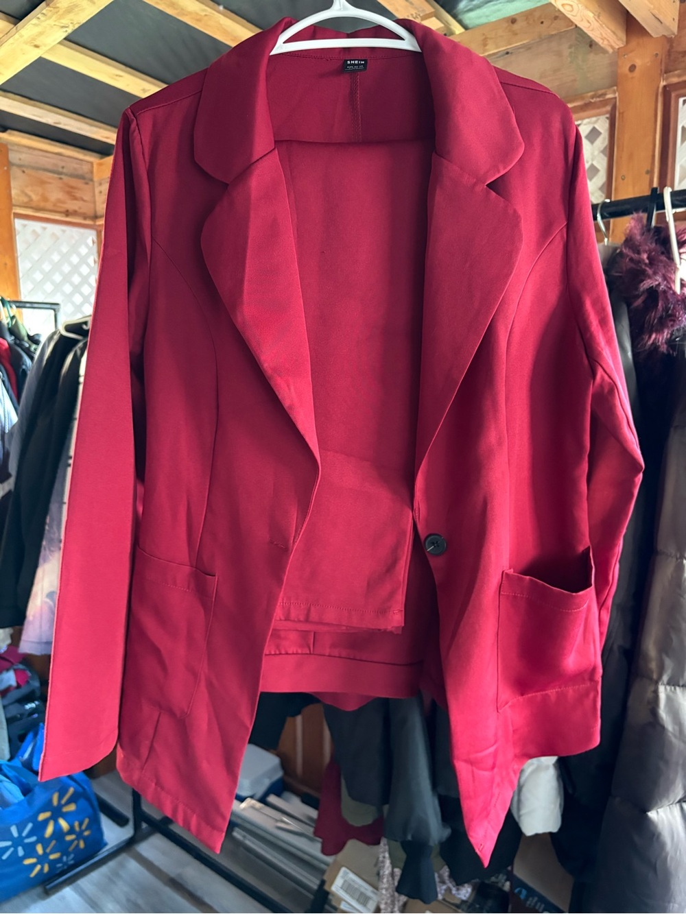 SHEIN Suit Sets Red Single-Button Blazer With Patch Pockets